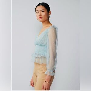 New York & Company Light Blue Sheer Blouse Smocked waist Swiss dot v neck Top L